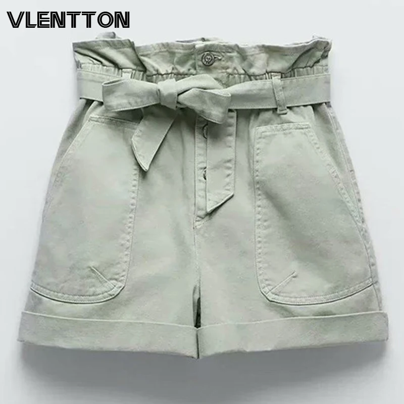 

Spring Autumn Women Vintage Green Jeans Shorts Solid Button Sashes Harajuku Casual Loose Elastic High Waist Denim Shorts Female