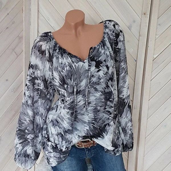 Черный Женский топ размера плюс, Boho, 5XL, верх размера, женские блузки, повседневные, пляжные, с длинным рукавом, v-образный вырез, свободные рубашки, винтажный принт, летние блузы - Цвет: Черный