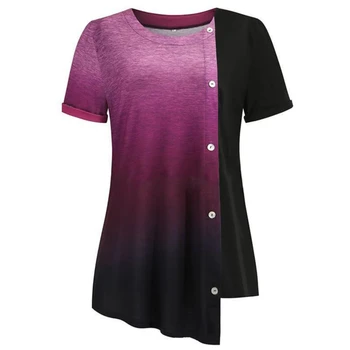

Gradient T-Shirts Women's Short Sleeve New Summer Irregular Shirt Tees Large Sizes XL Ladies Top Buttons Short Sleeve T-Shirt