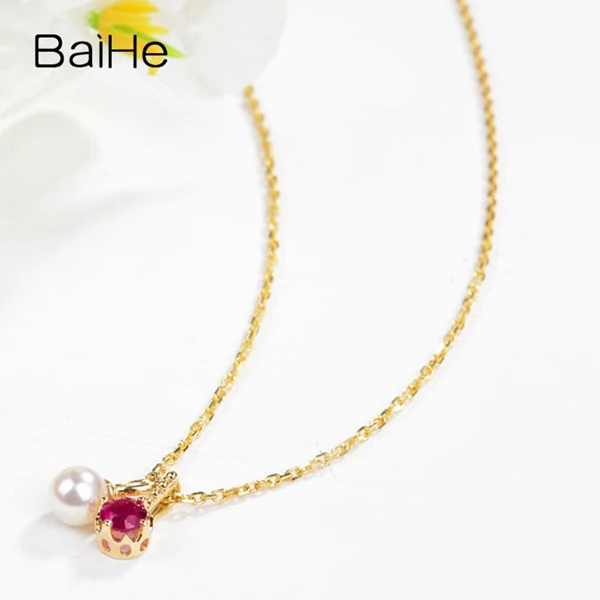 BAIHE Solid 18K желтое золото около 0.15ct Сертифицированный круглый вырез натуральный рубин для женщин Свадебные ювелирные изделия подарок ожерелья