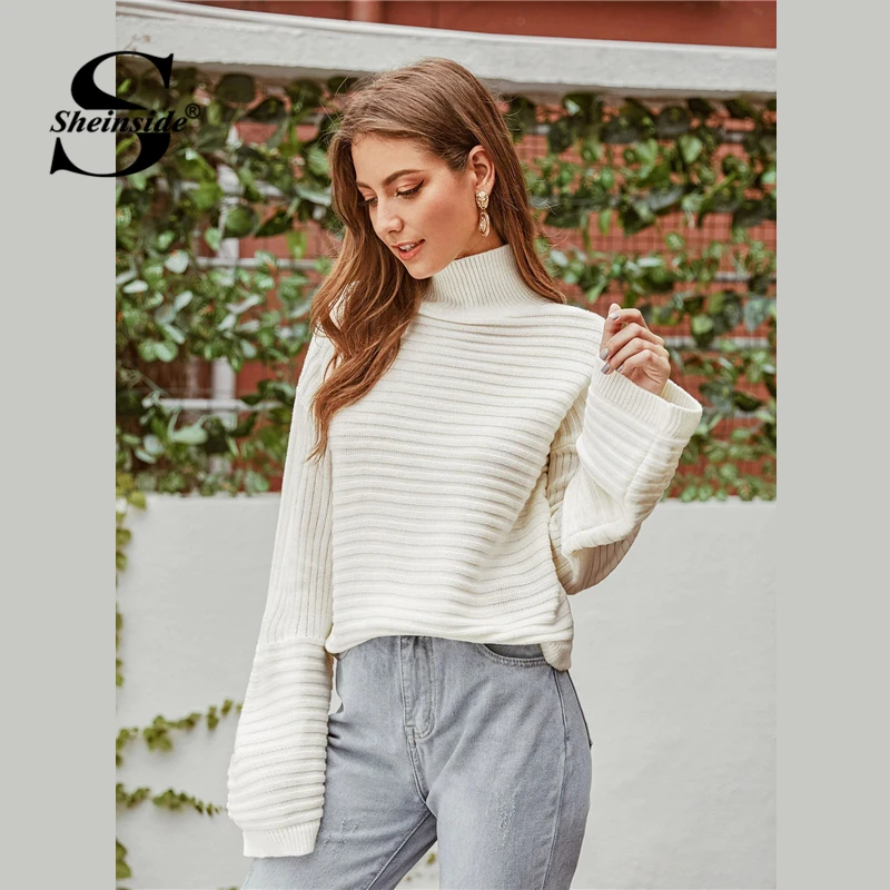 Sheinside белый Повседневный свитер с высоким воротом и спущенными плечами для женщин осенний свободный свитер с манжетами женский однотонный минималистичный свитер