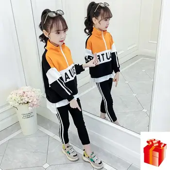 

4 6 8 10 12 Year Old Kids Girl Spring And Autumn Clothing Sets Stand-up Collar Letter Top + Trousers Ribbon Stripe Sports Suit