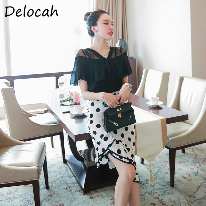 

Delocah Summer Women Fashion Designer Skirt Set Short Sleeve Solid Loose Blouses + Dot Printed Midi Skirts 2 Two Pieces Suits
