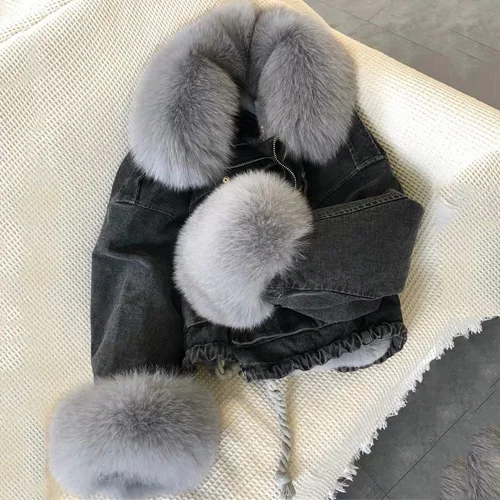 Black - grey fur MAOMAOFUR настоящая меховая парка зимняя короткая стильная куртка с натуральным лисьим меховым воротником манжета из меха кролика рекс пальто с подкладкой женская джинсовая Меховая куртка - Цвет: Black - grey fur