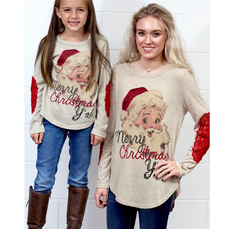 

Christmas Cartoon Santa Claus Family Clothes Mother and Daughter T-shirt Xmas Long Sleeve Pullover Tops Family Matching Outfits