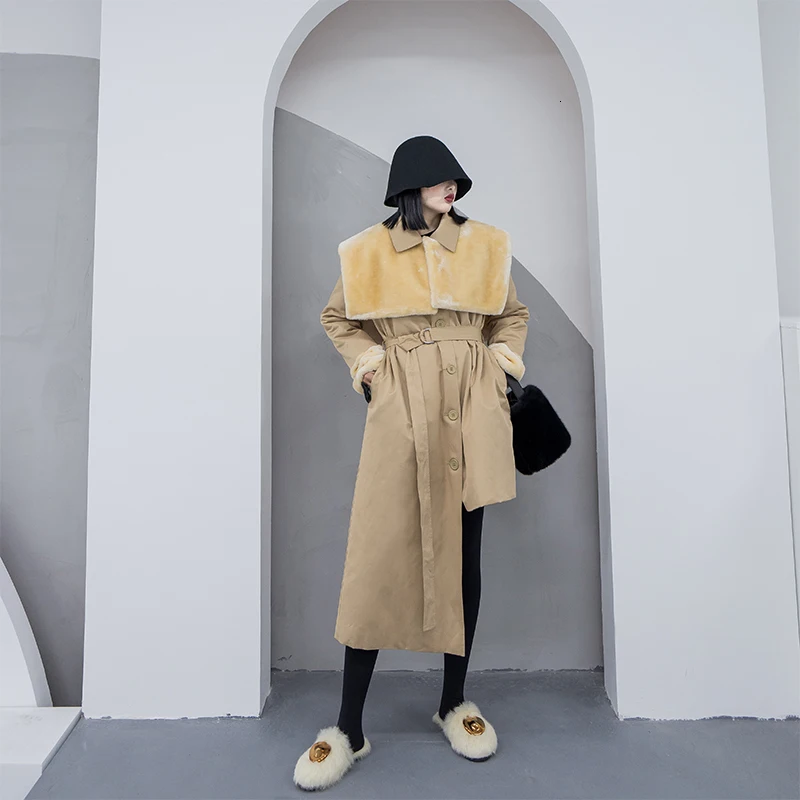 Khaki SHENGPALAE, свободное, теплое, необычное, шерстяное, с поясом, пальто, парки, новинка, с отворотом, длинный рукав, женская мода, Осень-зима, FU432 - Цвет: Khaki