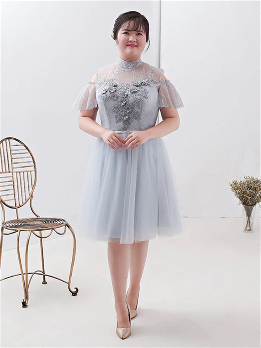 Платье для выпускного вечера с высоким воротником, короткий рукав, Vestidos De Gala, размера плюс, серые платья, женские вечерние платья, вечернее платье с кристаллами, T198