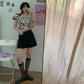 

COIGARSAM 4XL Plus Size Women Denim Short Skirt Square Collar High Waist Skirts White Black 607