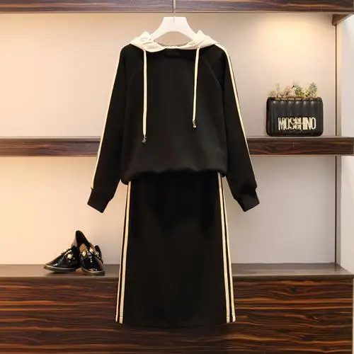 5xl плюс Размер 2 шт комплект Женская юбка наборы с капюшоном комплект из двух предметов Повседневный Спортивный костюм для женщин спортивные костюмы ансамбль женский Survetement - Цвет: Черный