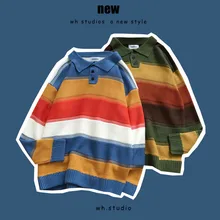 Winter Sweater Men's Warm Fashion Contrast Color Casual Knit Striped Lapel Pullover Man Wild Loose Long-sleeved Sweater Men Winter Sweater Men's Warm Fashion Contrast Color Casual Knit Striped Lapel Pullover Man Wild Loose Long-sleeved Sweater Men