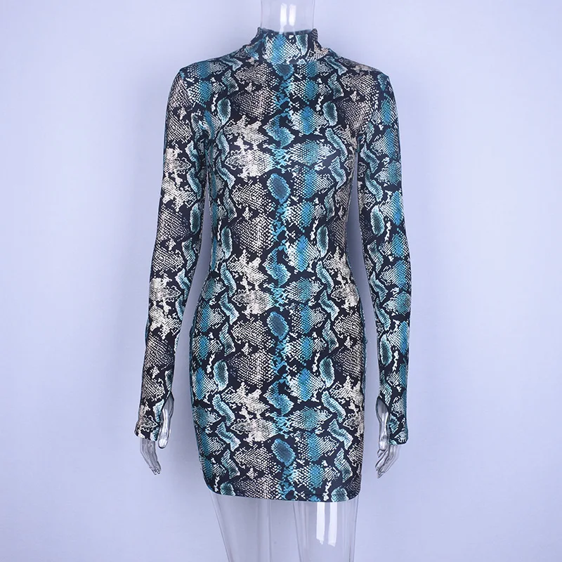 Криптографическое модное облегающее платье со змеиным принтом, повседневное облегающее платье с длинным рукавом, зимнее женское платье из змеиной кожи - Цвет: blue