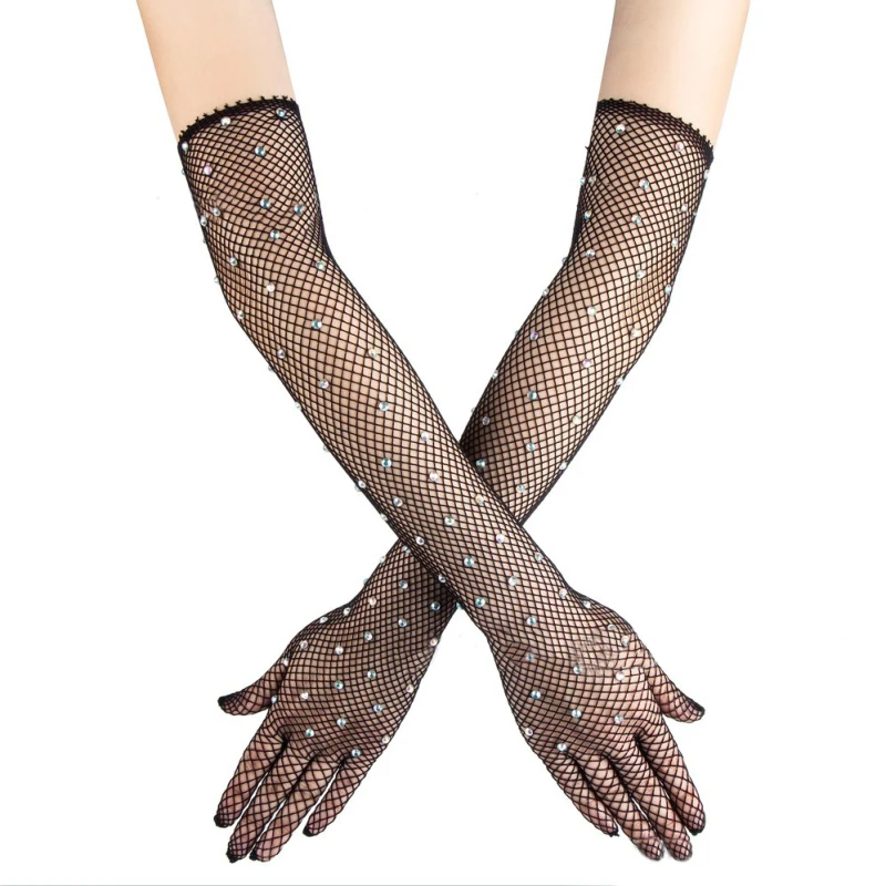 Women Sexy Thin Hollow Flash Drilling Grid Fishing Net Cosplay Halloween Ball Party Nightclub Pole Dance Accessories Gloves