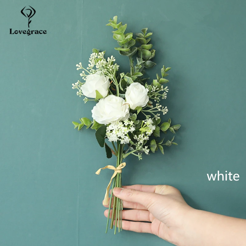 Lovegrace Bridesmaid Bouquet Artificial Flower Silk Rose Fake Eucalyptus White Flower Bundle Forest Bouquet Home Wedding Decor Wedding Bouquets Aliexpress