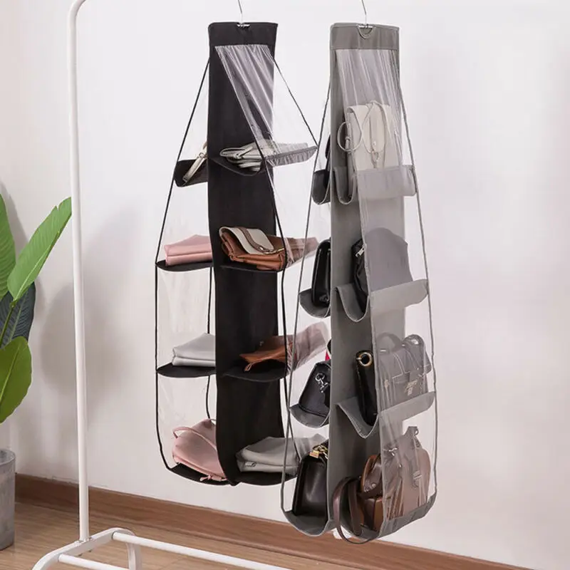 Estantería con 6/8 bolsillos, bolso para colgar, organizador de bolsos, soporte de almacenamiento, armarios de vestuario