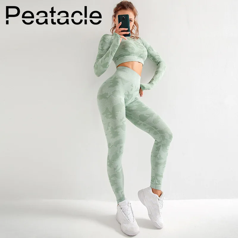 Peatacle, Женский Камуфляжный бесшовный комплект для йоги, спортивные костюмы, леггинсы для спортзала, укороченный топ, 2 шт., одежда для фитнеса, женская спортивная одежда, комплекты для тренировок