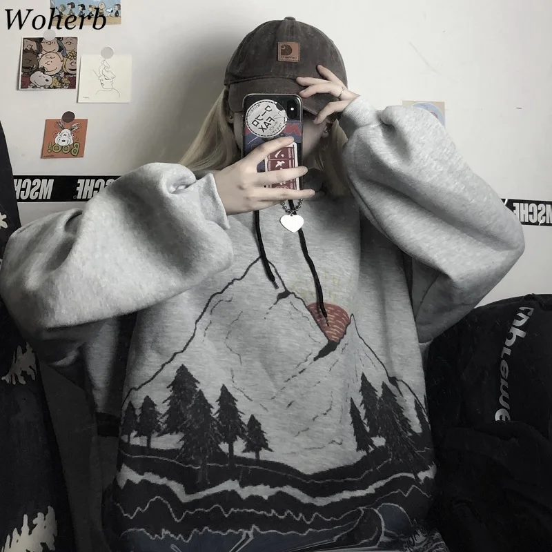Woherb толстые толстовки для женщин Harajuku негабаритных толстовка японский