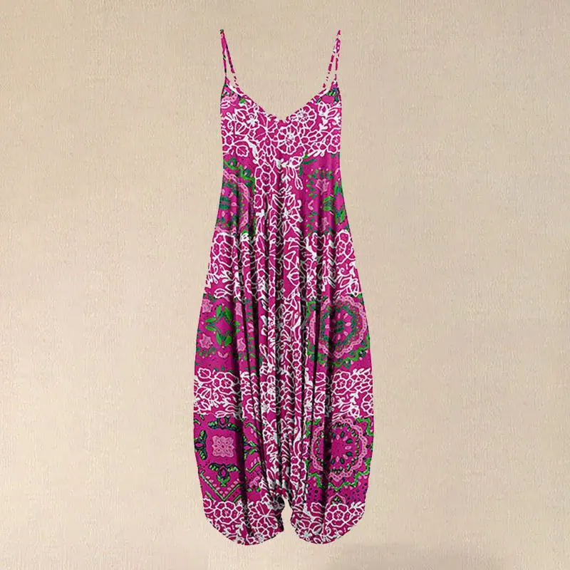

2020 Women Pink & White Floral Sleeveless Harem Jumpsuit Spaghetti Fashion Vintage Overall Straps Long Jumpsuit Trousers
