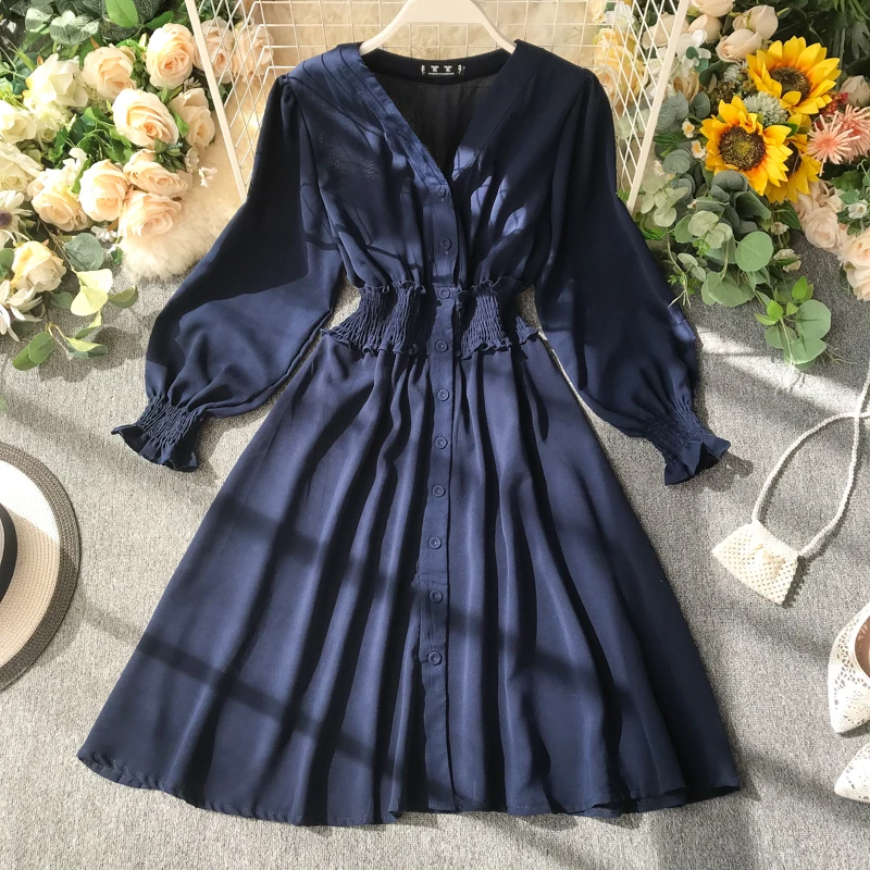 Синий ALPHALMODA/Новое однотонное платье, однобортное, v-образный вырез, эластичная талия, тонкое женское шифоновое платье трапециевидной формы для осени - Цвет: Синий