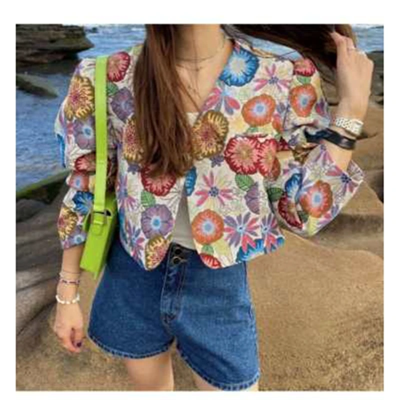 

Womens Short Coats New Arrivals Casual Cropped All-match Jacquard Embroidered Puff Sleeve Blazer Female Jackets