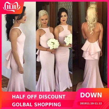 

2019 Long Bridesmaids Dresses Mermaid Wedding Party Gowns Glamorous Dusty Pink Halter Sexy Open Back wedding guest dress Maid