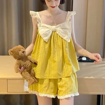

2020 Summer Japanese Lolita Girl Sweet Cute Sexy Big Bow Loose Lotus Leaf Sleeve All-match Nightdress Pajam Women Set Pj Set