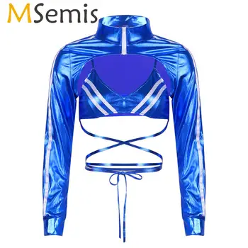 

MSemis Women Shiny Metallic Long Sleeves Shrug Blouses Crop Tops Criss-Cross Wrap Around Bra Top for Hip Hop Clubwear Dancewear