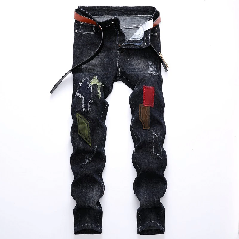 Blue black Мужские джинсы, модные, новые, Стрейчевые джинсы, мужские джинсы, мужские, осенние и зимние, с дырками, с заплатками, джинсовые брюки - Цвет: Blue black