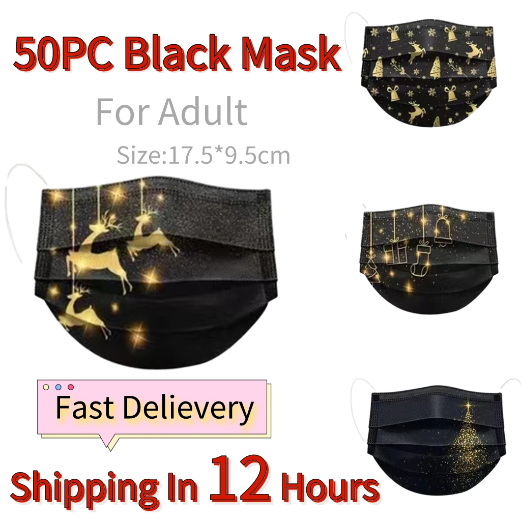 10/50PC Christmas Black Mask For Adult Women Mascarillas Negras Breathable Navidad Santa Claus Masque Noir Halloween Cosplay |