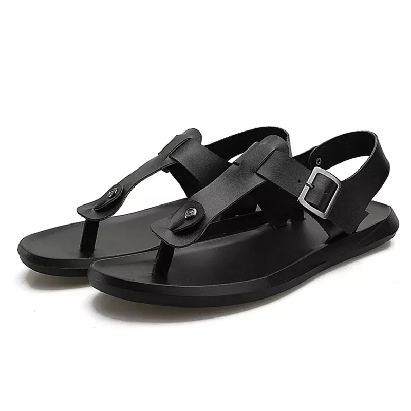 Genuine Leather Sandals Men Shoes for Summer Solid Gladistor Sandals Filp Flop with Ankle Strap Hard Floding Flat Beach Shoes