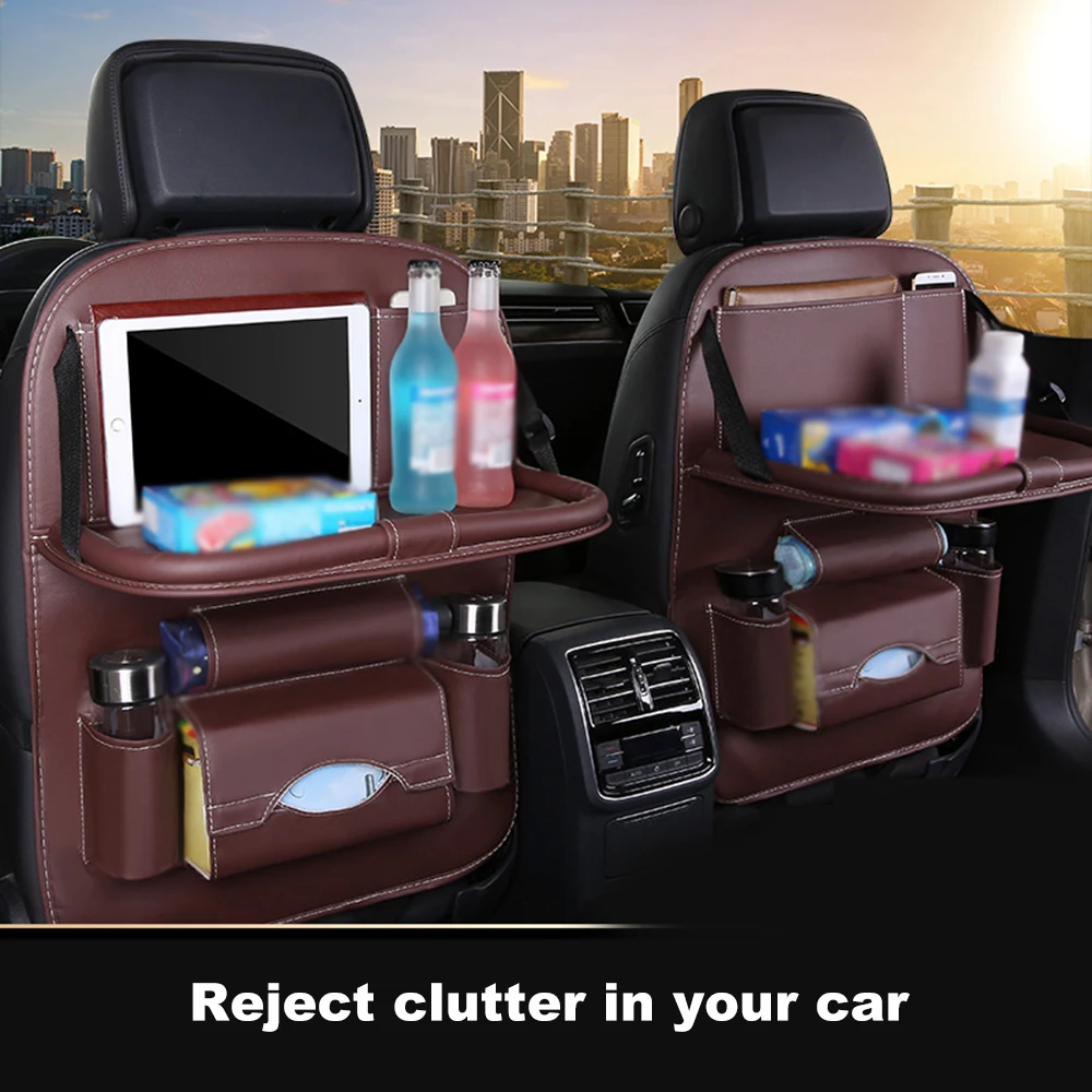 Car Accessories Universal Car Seat Back Organizer Leather Holder Car Trunk Bag Folding Table Pad Chair Auto Storage Pocket Box