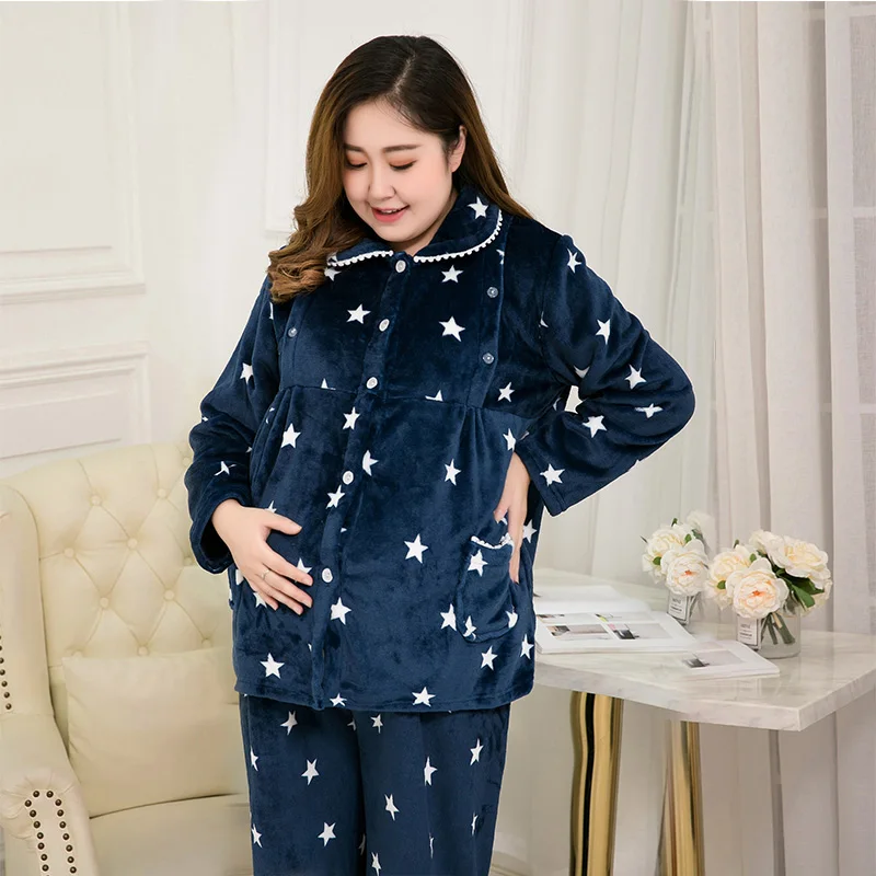 

Flannel clothes autumn and winter 150 kg plus fertilizer to increase postpartum breastfeeding pregnant women pajamas set