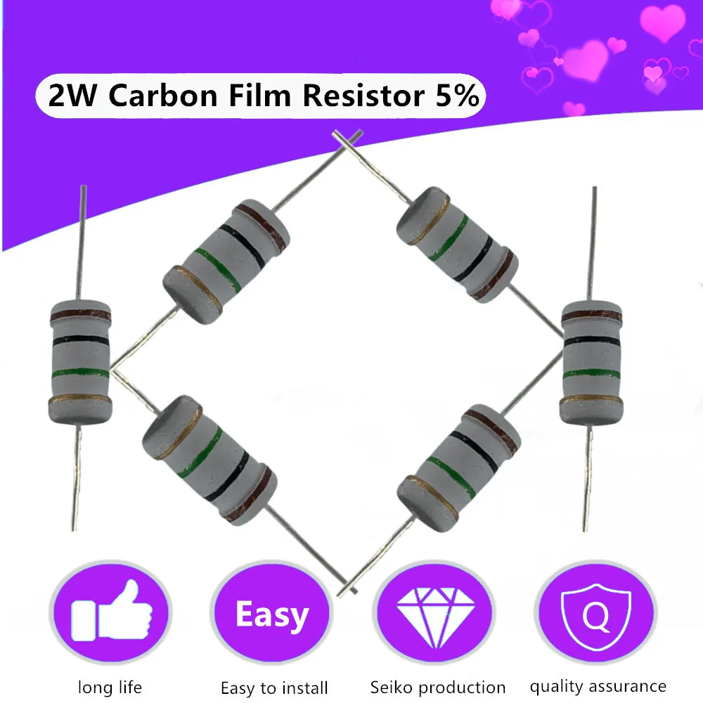 5% Four-Color Ring Resistor 20Pcs/lots Carbon Film Resistors Assorted Kit Set 2W Full Range of Ohm Resistance 1R~1M 1K 10K 220R