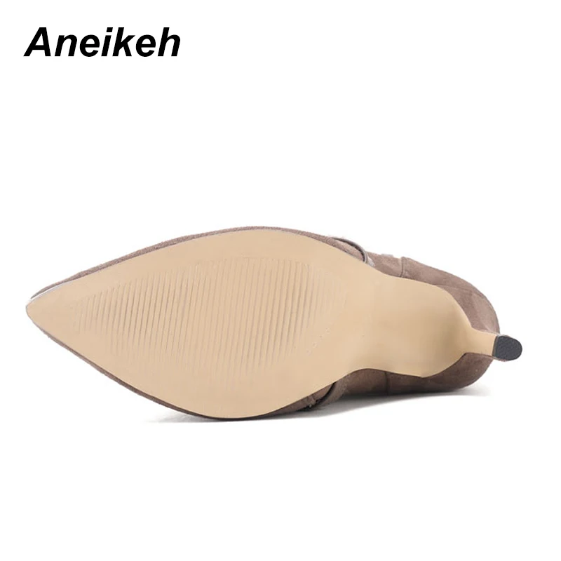 Aneikeh г.; модные ботинки с кроличьим мехом; женские ботильоны «Челси» из флока с острым носком на молнии в западном стиле; Танцевальная обувь на высоком каблуке