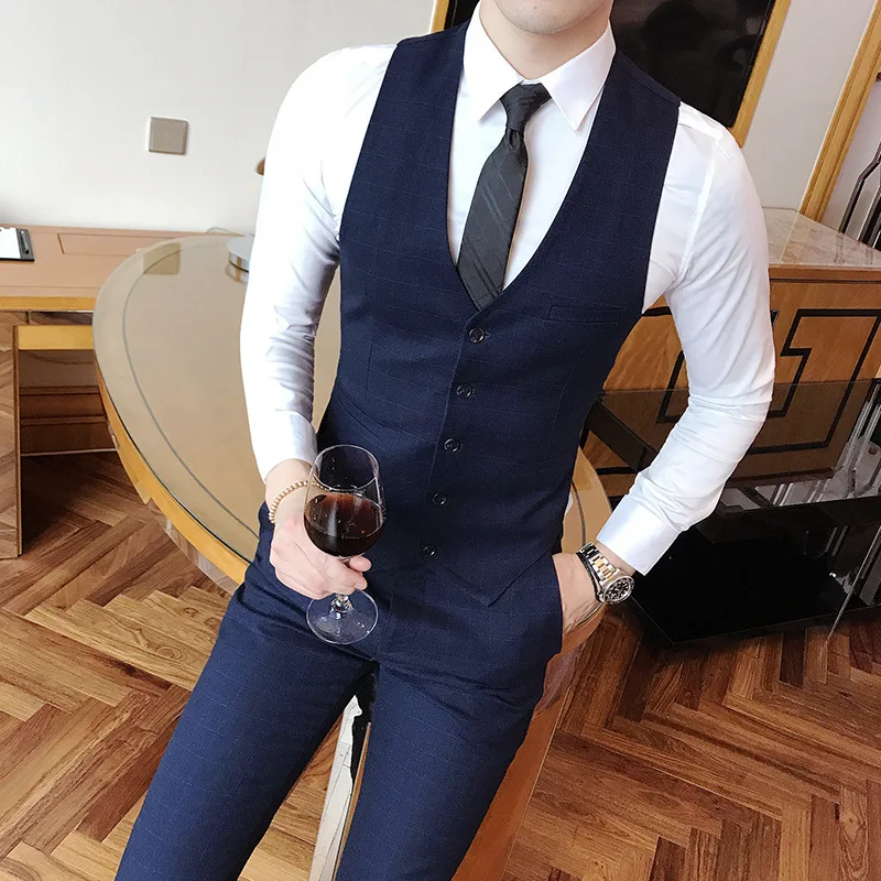 Корейский стиль, модный приталенный мужской Клетчатый костюм, жилет, официальная одежда, жилет, жилет, стилист волос, жених, Лучший человек, свадьба, формальный Dr