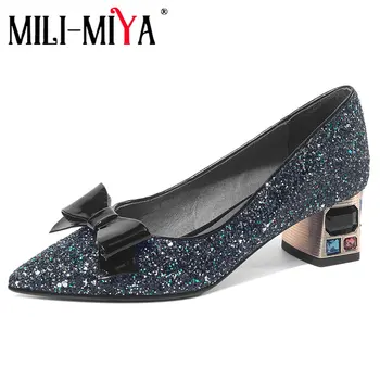 

MILI-MIYA Newest Women Bling Pumps Pointed Toe Elegant Single Bowknot Thick Heels Spring Summer Party Wedding Shoes Ladies