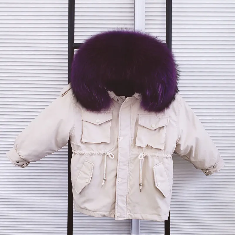 Khaki violet Новинка года, парки с натуральным мехом для мальчиков и девочек зимняя детская куртка пальто с капюшоном из натурального меха енота Съемная подкладка из меха кролика Рекс, большие размеры - Цвет: Khaki violet