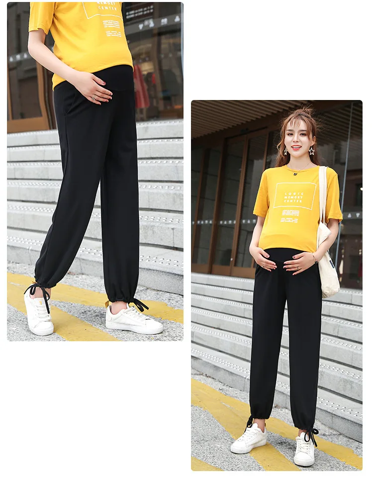 Maternity boot cut pants summer Wide Leg Shorts Comfy Adjustable Elastic Waist Belly Support Pants Maternity Trousers - Color: Black