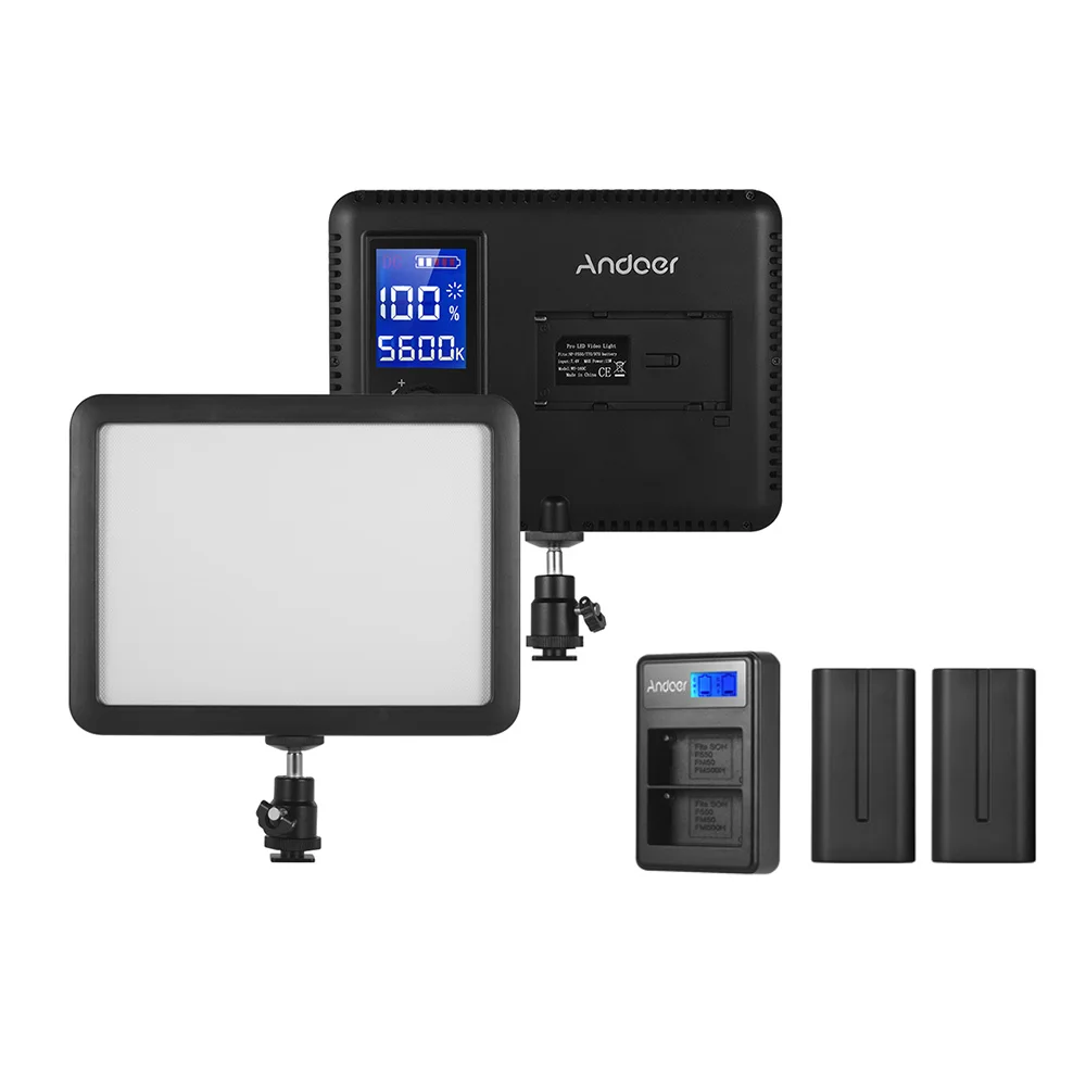 Andoer WY-160C светодиодный видео светильник с NP-F550 батареей заполняющая лампа 3300 K-5600 K с ЖК-дисплеем+ батарея и Двухканальное зарядное устройство