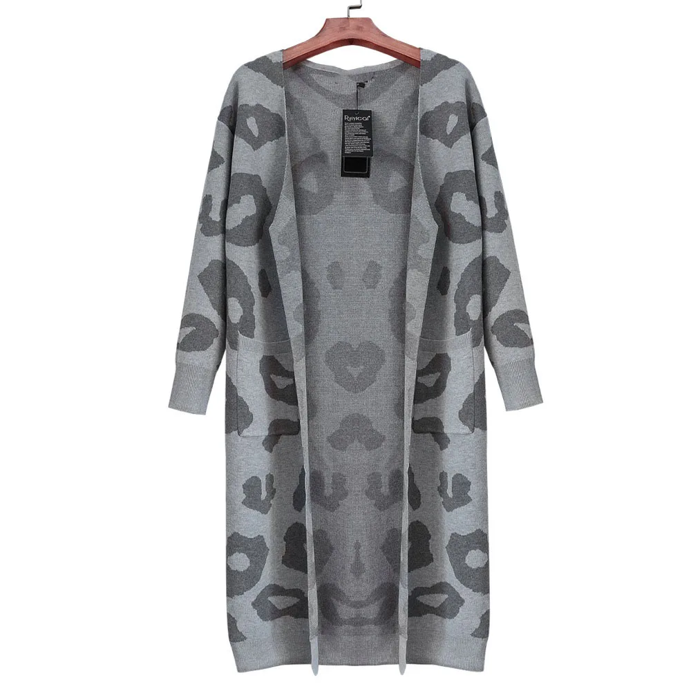 leopard grey Осенне-зимний вязаный женский свитер, кардиган Трикотажное изделие с вырезом в форме буквы V леопардовая свободная длинная куртка свитер кардиган пальто - Цвет: leopard grey