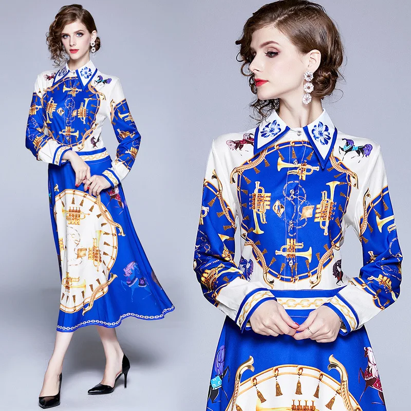 

3538 New Style Fold-down Collar Positioning Printed Slimming Long Sleeve Big Hemline Mid-length Dress Europe And America