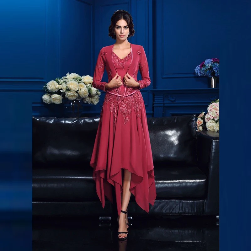 

Exquisite Fuchsia Two Pieces Lace Mother of the Bride Dresses With Jacket V Neckline Sleeveless Ankle Length Wedding Guest Dress