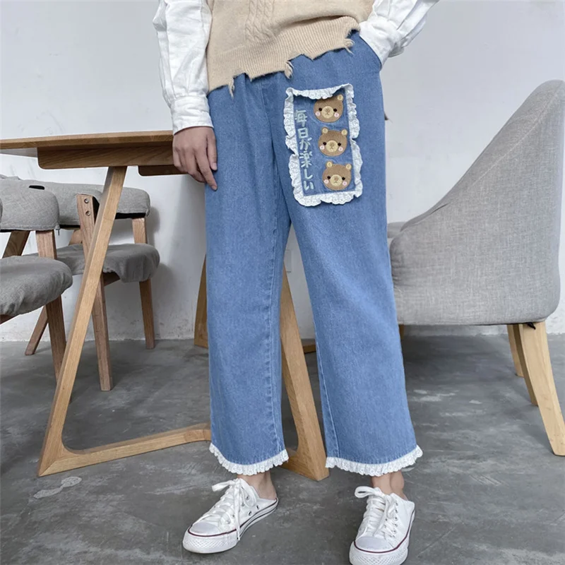 Japanese Lace Denim Pants Women Casual 
