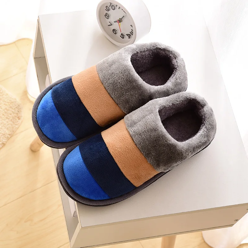 Winter Color Striped Wool Slippers Couple Home Thick Warm Men and Women Cotton Slippers House Slippers Cute Plush Women Shoes