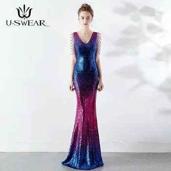 

Sexy Mermaid Sequin Evening Dresses V-Neck Gradient Crystal Slim Evening Party Gown Robe De Soiree Formal Prom Gown Abendkleider