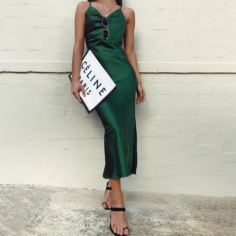 

NCLAGEN 2019 Summer Office Lady High Waist Split Satin Spaghetti Strap Dress Women Party Backless Criss Cross Midi Dresses
