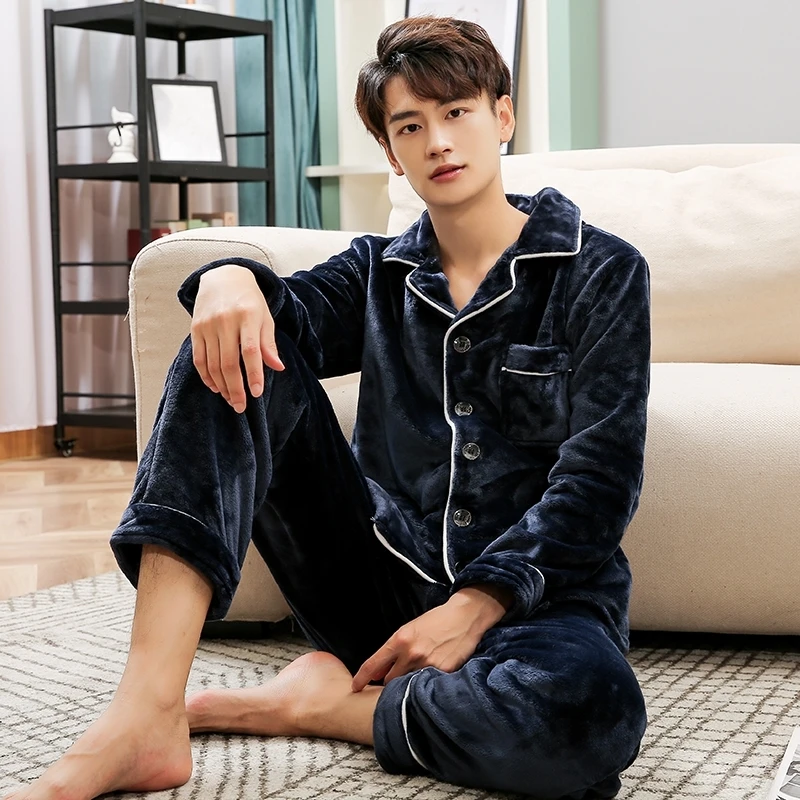Winter Flannel Pajamas Men PJ Full Sleeves Home Clothes Blue Warm Pijama Hombre Thicken Sleepwear Coral Fleece Pyjama Homme