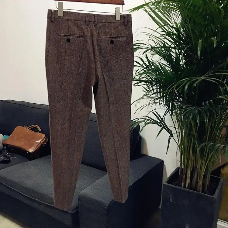 Trousers for Men Gray Herringbone Men's Trousers Retro Autumn Wool Tweed Pants Men's Clothing Plus Size for Gentleman stretch pants,business pants,suit pants,men pants
