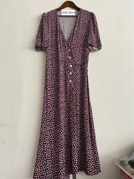 

Heart Print Women's Midi Dress One-piece V-neck Short Sleeve Split Lace-up Dresses with Buttons