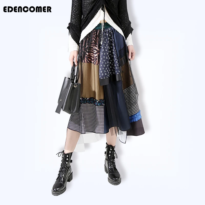 Women Skirts Fall/winter 2019 Autumn New Women's High Waist Irregular Stitching Mesh Skirt Black Long Fashion Pleated Skirt
