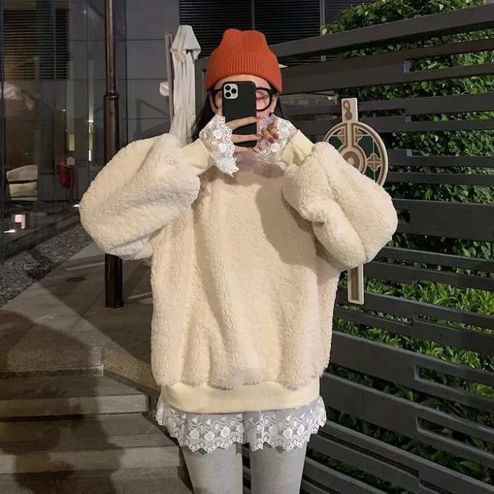 Joinyouth Harajuku толстовки корейские кружева сплайсинга ropa mujer ягненка кашемир теплый толстый женская одежда полный сплошной моды диких 130